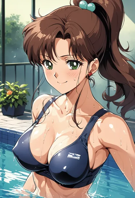 masterpiece, Highest quality, High resolution, (Makoto Kino),1990s (style),School Swimsuit、(E-cup beautiful breasts)、tall、Sweating all over the body、vapor、Muscular、sexy、A face writhing in pleasure、The whole body is covered in sex fluids、Sweaty、Configuratio...