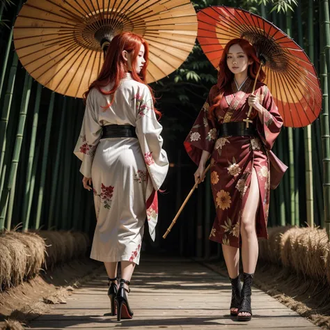 asian woman with long red hair, dark floral kimono with waist sash, wooden heels and a typical oriental umbrella made of bamboo,...