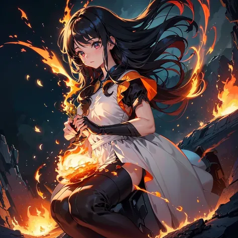 1girl,Perfect Anatomy、(((Highest quality、Masterpiece、Official Art、Super detailed、Award-winning works、Delicate hair、The best composition)))、Anime Style、power of fire、The most beautiful fire art in the world、Fire splashes rising from the earth&#39;s crust、Th...