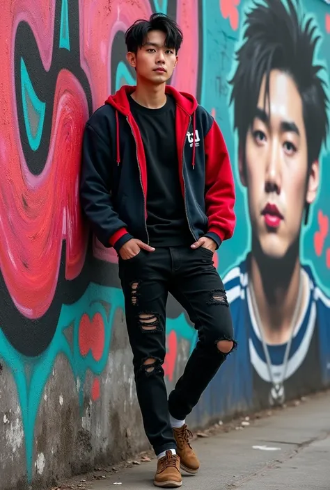 A handsome korean man stands next to a wall with vibrant graffiti art. black hair,the graffiti depicts a large, stylish portrait of the mans face and the word “LD”. The man was wearing a black t-shirt style, red and Black hoodie, ripped black jeans, and br...