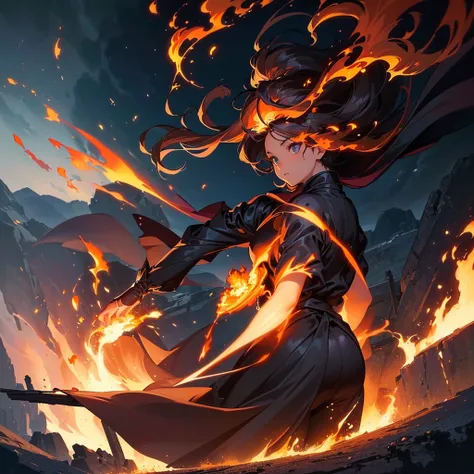 1girl,Perfect Anatomy、(((Highest quality、Masterpiece、Official Art、Super detailed、Award-winning works、Delicate hair、The best composition)))、Anime Style、power of fire、The most beautiful fire art in the world、Fire splashes rising from the earth&#39;s crust、Th...