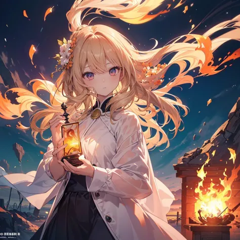 1girl,The finest details、Perfect Anatomy、(((Highest quality、Masterpiece、Official Art、Super detailed、Award-winning works、Delicate hair、The best composition)))、Anime Style、power of fire、The most beautiful fire art in the world、Fire splashes rising from the e...