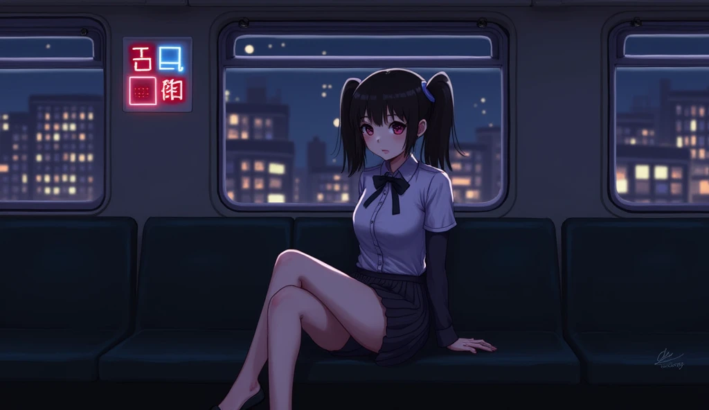 score_9, score_8_up, score_7_up, score_6_up, HRMN, detailed drawing, 1girl, flat chest, skinny, cute face, (tight fit), sitting on train, late evening, twin tails haircut, crossing legs, tight skirt, NEOST, low key, dark theme, neon lights