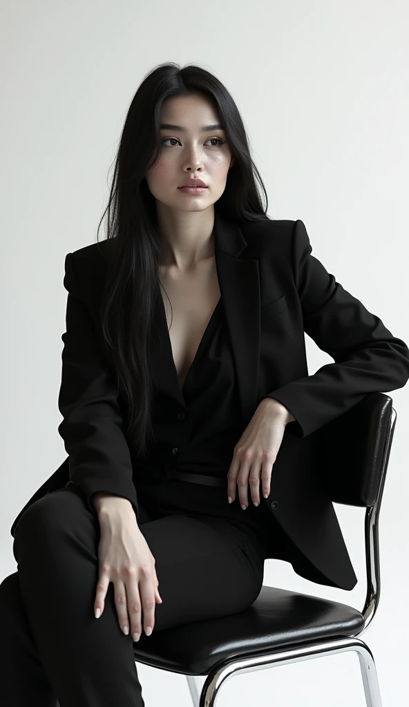 (photorealism:1.2), A woman sitting elegantly on a modern chair with a minimalist design. She is dressed in an all-black ensemble that includes a blazer and matching trousers, creating a sleek and sophisticated silhouette. The jacket is slightly open, reve...