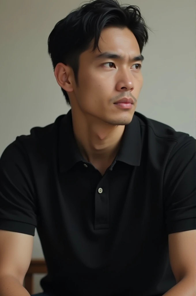 Asian man wearing black polo shirt sitting 