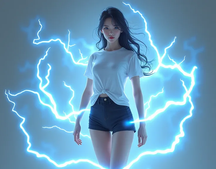 full body, realistic, Realistic fantasy, Beautiful woman, human, lightning fox, Lightning magic flows like water around the body., Blue lightning resembles water in the air, Tight T-shirt, black shorts, high-heels, The face looks like a Korean girl., blue ...