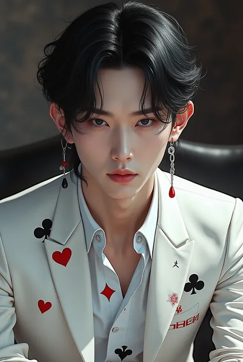 Black haired man with red and white, White skin, slanted eyes, Asian, chess and poker background, ear piercings, serious expression, white suit with hearts , picas, clubs and diamonds, Ateez&#39;s Choi San-like face, estilo mahwa