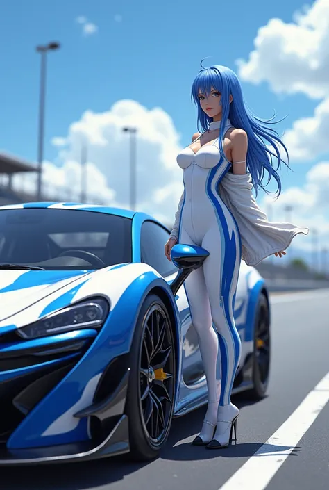 Race track,Adult women,Rei Ayanami,Blue long hair shawl,Big breasts,Perfect body,Wearing white racer tights,Standing next to the Lightning Bolt Car,best quality, Ultra HD, HD model, high detail, Realism, 