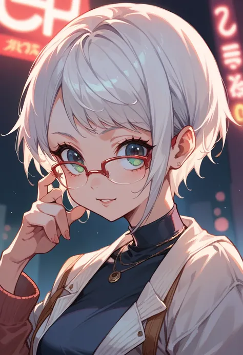 neon, beautiful anime girl, short hair, white hair, glasses