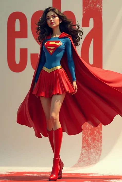 A 3D render of a powerful and alluring Supergirl-inspired superheroine. She stands tall in a vibrant red and blue outfit, exuding confidence and strength. Her pleated skirt billows gracefully, and her flowing cape catches the wind, adding dynamic movement ...