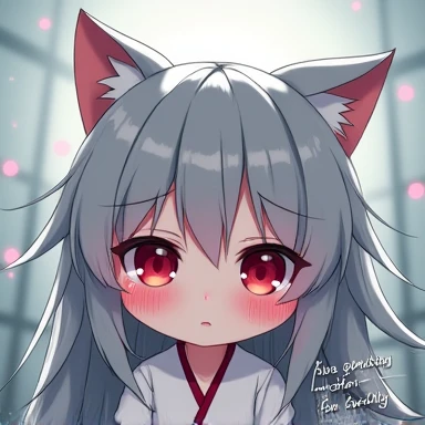 One Woman,Gray Hair,Cat ear,((Chibi Character)) ,Red eyes,White kimono,Crying face,Tears flow,Watery eye,Please enter text in the bottom right corner of the fantasy image,A very popular font,