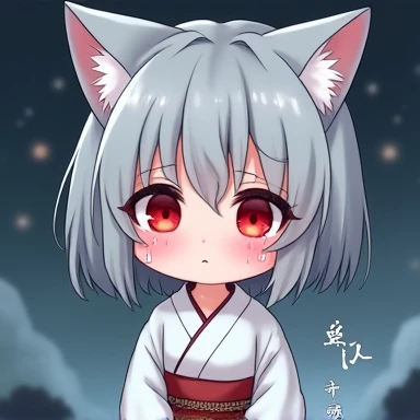 One Woman,Gray Hair,Cat ear,((Chibi Character)) ,Red eyes,White kimono,Crying face,Tears flow,Watery eye,Please enter text in the bottom right corner of the fantasy image,A very popular font,