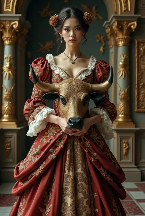 Woman in baroque dress holding the caravel head of a bull