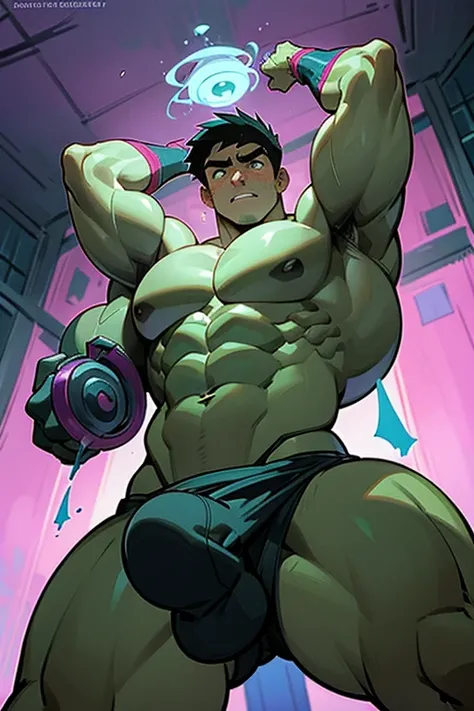 Danny Fenton from Danny Phantom animated tv series as a big dumb mindless teenage muscular bodybuilder jock in a locker room flexing and staring vapidly with mindless stare and mouth gaping open as his eyes glow under hypnosis while he repeats, "Cant ... I...