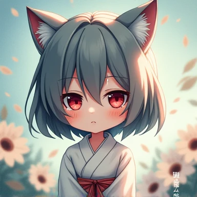 One Woman,Gray Hair,Cat ear,((Chibi Character)) ,Red eyes,White kimono,Crying face,Tears flow,Watery eye,Enter your text in the bottom right corner of the fantasy image,A very popular font,