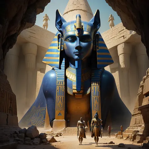 close up of large statue in cave, around which people walk, ancient, but futuristic, the Egyptian God, ancient футуристический, Egyptian atmosphere, Egyptian God, Beeple and Jean Giraud, Egyptian style, Egyptian God, egyptian environment, Egyptian setting,...