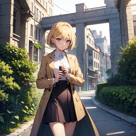 Masterpiece, solo, 1girl, overcoat, short skirt, short blonde hair, alpine village