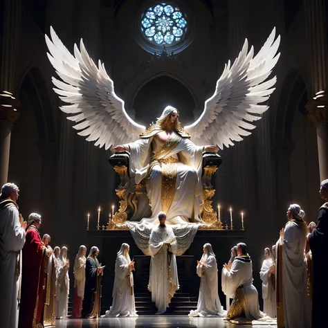 A majestic figure sits on a richly decorated throne, Dressed in a flowing white robe, decorated majestically, feathered wings. Surrounded by a crowd of sculptural figures, kneeling and sitting in reverent poses. The background is dimly lit, arched structur...