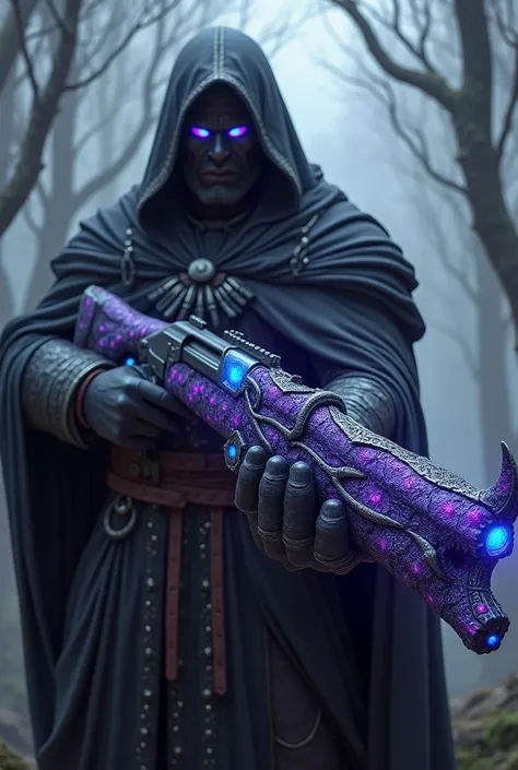 A Shotgun with purple and black Dragon scales with blue eyes character holding