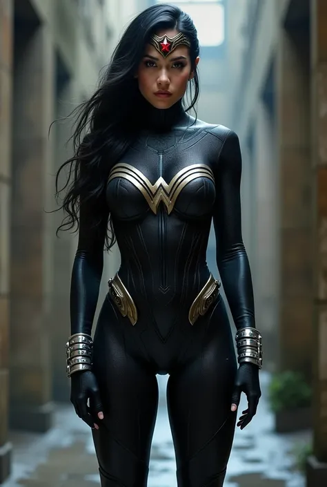 ((all black suit))),(((Symbiote Skin))),(((lady deadpool))),(((A beautiful woman with long black hair tied back in a ponytail))),(((bajo el manto de Wanda Wilson alias lady deadpool))),(((This woman is standing with her back turned))),(((long black gloves)...