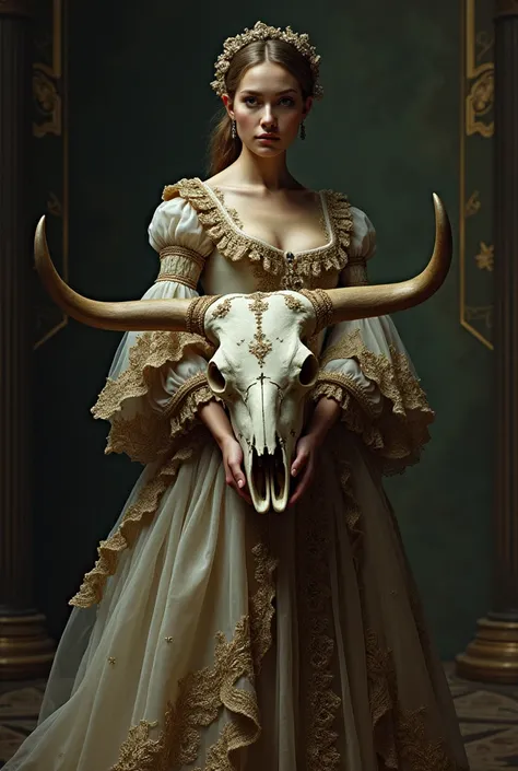 Woman in baroque dress holding a bull&#39;s skull