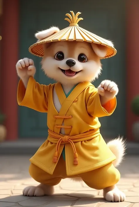 A Taiwandog. Wearing a Yellow Martial Arts robe and a rice hat. Doing a kung-fu pose. 