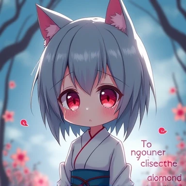 One Woman,Gray Hair,Cat ear,((Chibi Character)) ,Red eyes,White kimono,Crying face,Tears flow,Watery eye,Enter your text in the bottom right corner of the fantasy image,A very popular font,