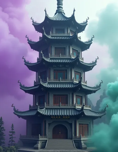 A traditional Chinese stone pagoda, a 9-story pagoda. Each floor of the pagoda has a unique design, with eaves, animal heads, skulls, runes, etc. Each floor can have a different color. There is purple or green smoke around the pagoda.Professional photos, b...