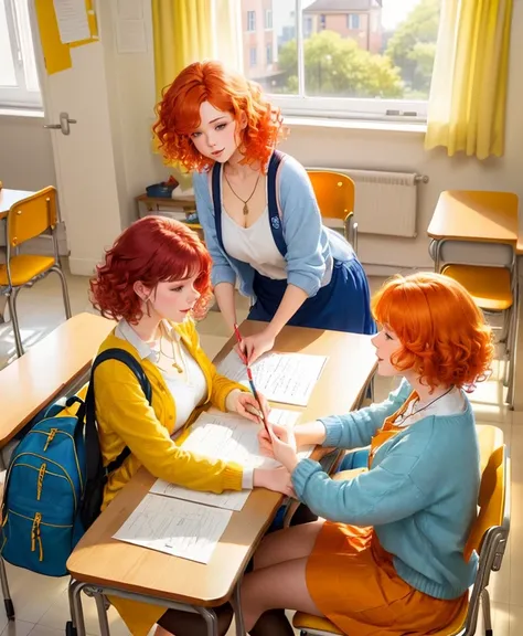 The classroom setting is a lively and colourful scene.. One student, with bright curly red hair, leaning over the desk, diligently drawing, in a blue sweater and matching apron. Another student, with short blonde hair, Sits up straight, collected, in a whi...