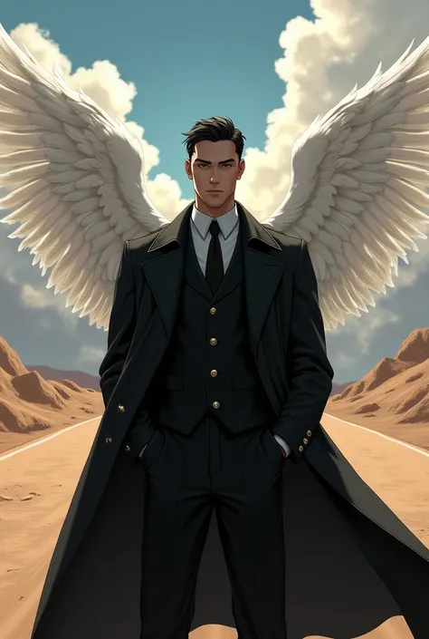 Medium build male with short black hair wearing black uniform with Black Trench coat and white Wings standing on a desert road with clouds and sun background Close up