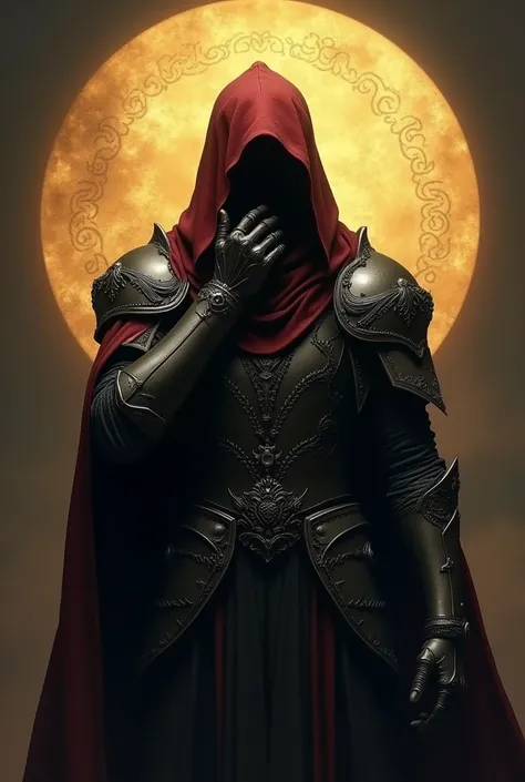 A mysterious figure shrouded in shadow, wearing an ornate, metallic suit of armor and a deep red hood, sitting in contemplation, its hand reaching to hold the corner of the hood. The figures face is hidden, adding to their enigmatic aura. A dim golden sun ...