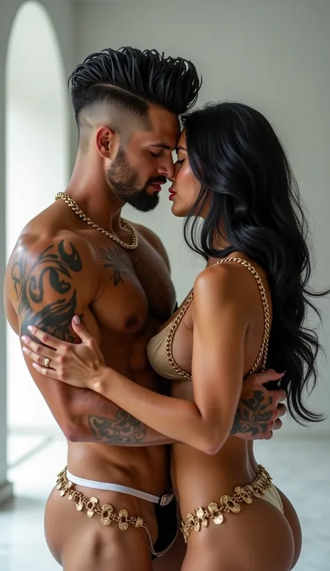 Fullbody standing picture of white skin Handsome muscular naked horny sexy man wearing golden chain harness is sexing sexing front hug with his girlfriend, sexy wet intercourse, shiny brown varnished shoes, shiny black hair Disconnected Pompadour oiled hai...