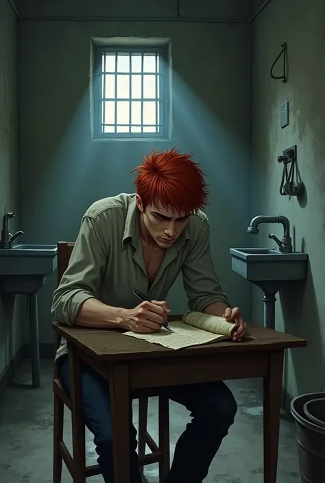 Create a 2 red haired young man, writing a letter in prison