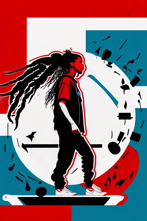 A background filled with Japanese flag in various sizes and colors、
Creative logo illustration of a silhouette with dreadlocks and red headphones, 
Banksy、
A background completely filled with scattered musical notes in various sizes and colors, covering th...