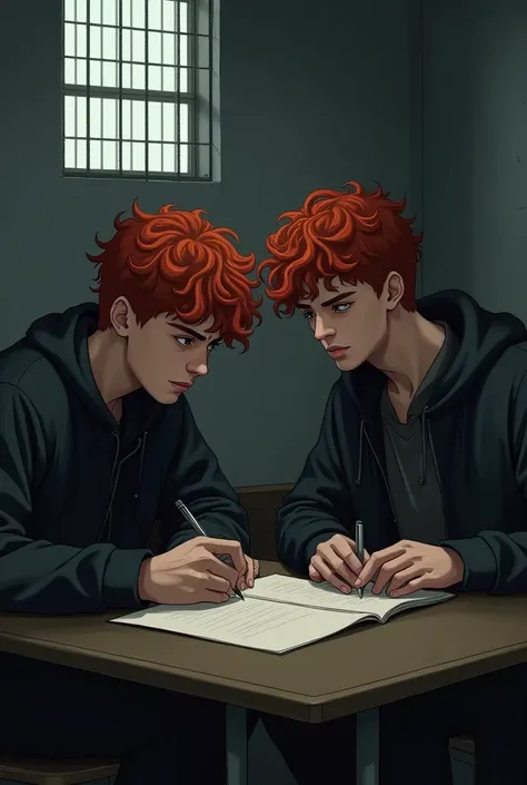 Create a 2 young man with red curly hair , writing a letter in prison