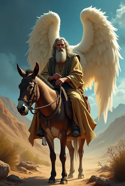 Bible character Balaam on top of a donkey with a male angel behind him 