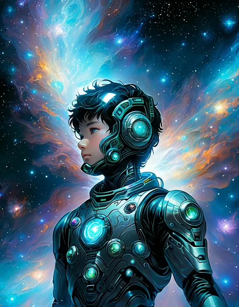 (best quality, masterpiece),Detailed,1boy,astronaut,complex portrait of a sci-fi Borg floating in outer space,nebula,galaxy,Looking forward,(cybernetic limb:0.7),