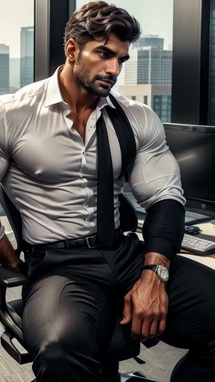 Handsome Indian middle-aged businessman sitting on an office chair On the skyscrapers in the business district Wear a thin white shirt. Wear tight black pants.stunning visual, profile image, in style of ultra realistic, sitting close-up on spread legs, det...