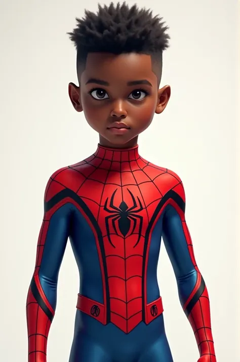 Create a skinny dark-skinned boy with curls and a tupper fade cut dressed as Spiderman