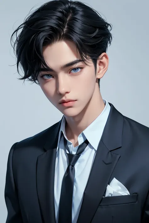 handsome boy, 19 th, high school boy, black hair Korean style (coma hair), plaster on the left side of the forehead, half body, wearing a white high school uniform, wearing a chain necklace, wearing a gray tie. Eyes fixed on the camera. Light blue backgrou...