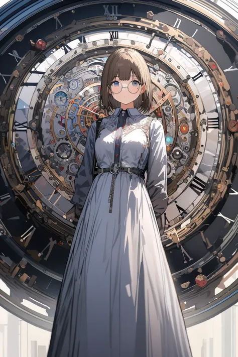 (extremely detailed fine touch:1.3), girl, solo, alone, 2.5d, standing, (((silver semi-rimless round eyewear:1.3))), dress, extremely detailed clock background