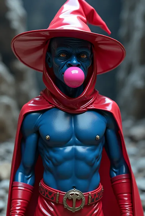 Masters of the Universe Orko dressed in a full body latex  suit. 

Blue skin. Red magicians hat. Has pink ball gag in mouth.