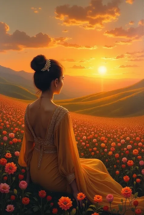 Create an royal oil painting rear view of a girl sitting in a flower field watching sunset