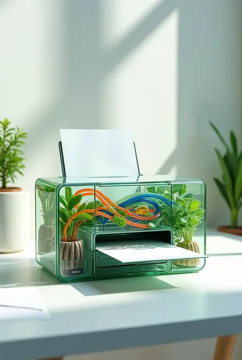 Drawing of a transparent printer where the ink tubes look ecological and the paper it uses is recycled 