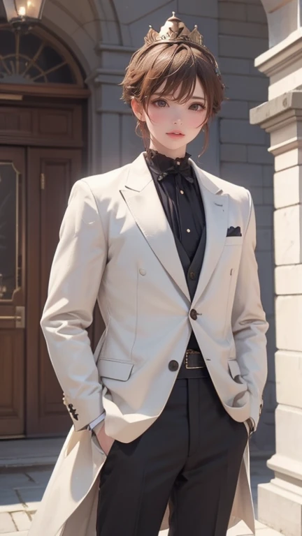 A man with his hands in his pockets, Brown hair，Neat wolf haircut, Bright blue eyes, the crown on his head, White dress shirt, Black pants, Fancy black jacket, Look away from the viewer, Serious expression