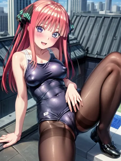 best quality, insanely detailed, nino nakano, breasts, blush, looking at viewer, cheerful eyes, arousal, one-piece swimsuit, pantyhose, roof top background, tight swimsuit, nipple, pussy