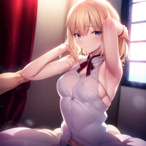 High resolution, 最high resolution,high resolution,{Things to know_f de stay night ufotable:1.15}, Rubio_ Best Quality, masterpiece, フルnude,Sweatだく,Blushing,smile,Armpitアップ,Sweat,Armpitを広げて見せている,bed,Moist,Blonde,whole body,pubic hairあり,Love juice,Armpit,sid...