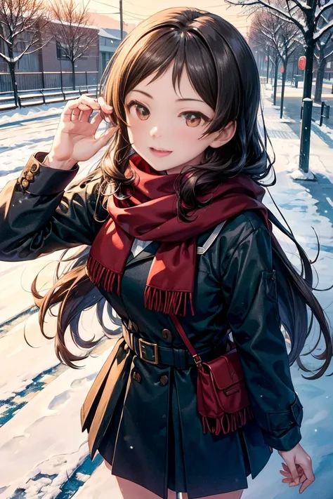 1peopleの女の子, 一peopleで, winter, (whole body、red long scarf, view your viewers, center, black hair、school uniform、smile break outd...