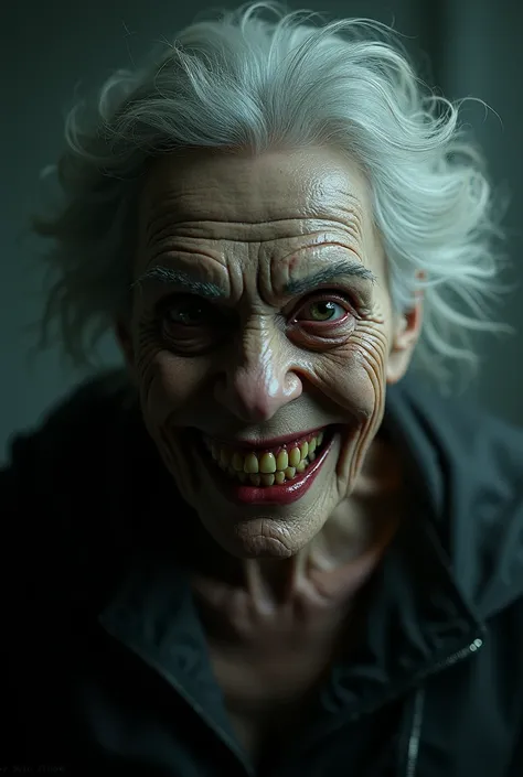 A scary old woman with a mouth  is smiling at you.