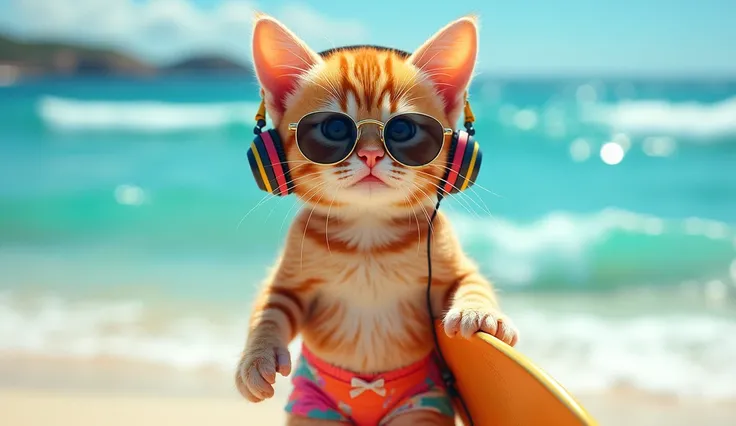 1920x1080 16:9 Perfect Centering, whole body、Cute kitten, Wear swim trunks, Wear sunglasses, Surfing with headphones on, Standing position, Abstract Beauty, Centered, Looking into the camera, To the camera, Near perfect, dynamic, In the Gold Coast sea、Very...